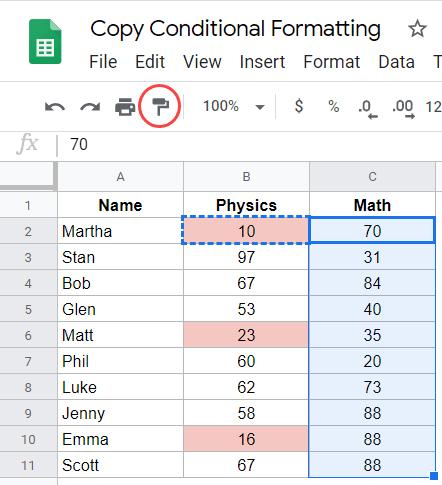 Cách sao chép định dạng có điều kiện trong Gooogle Sheets